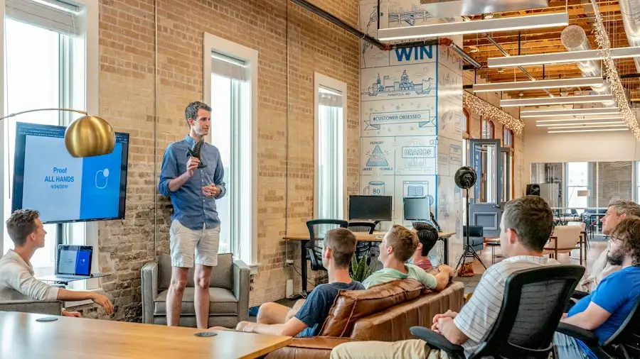 A founder presenting marketing results to a small team